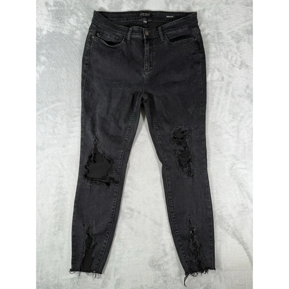 Judy Blue‎ Jeans Womens 11/30 Black Destroyed Mid Rise Skinny